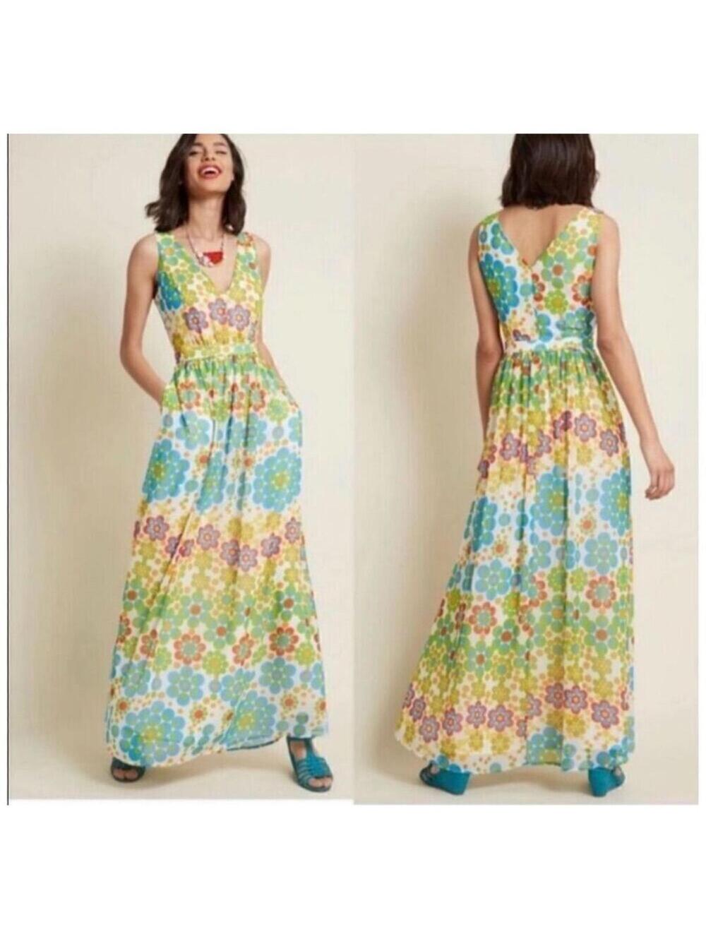 ModCloth Women's Maxi Dress M Retro Floral Dots Sleeveless